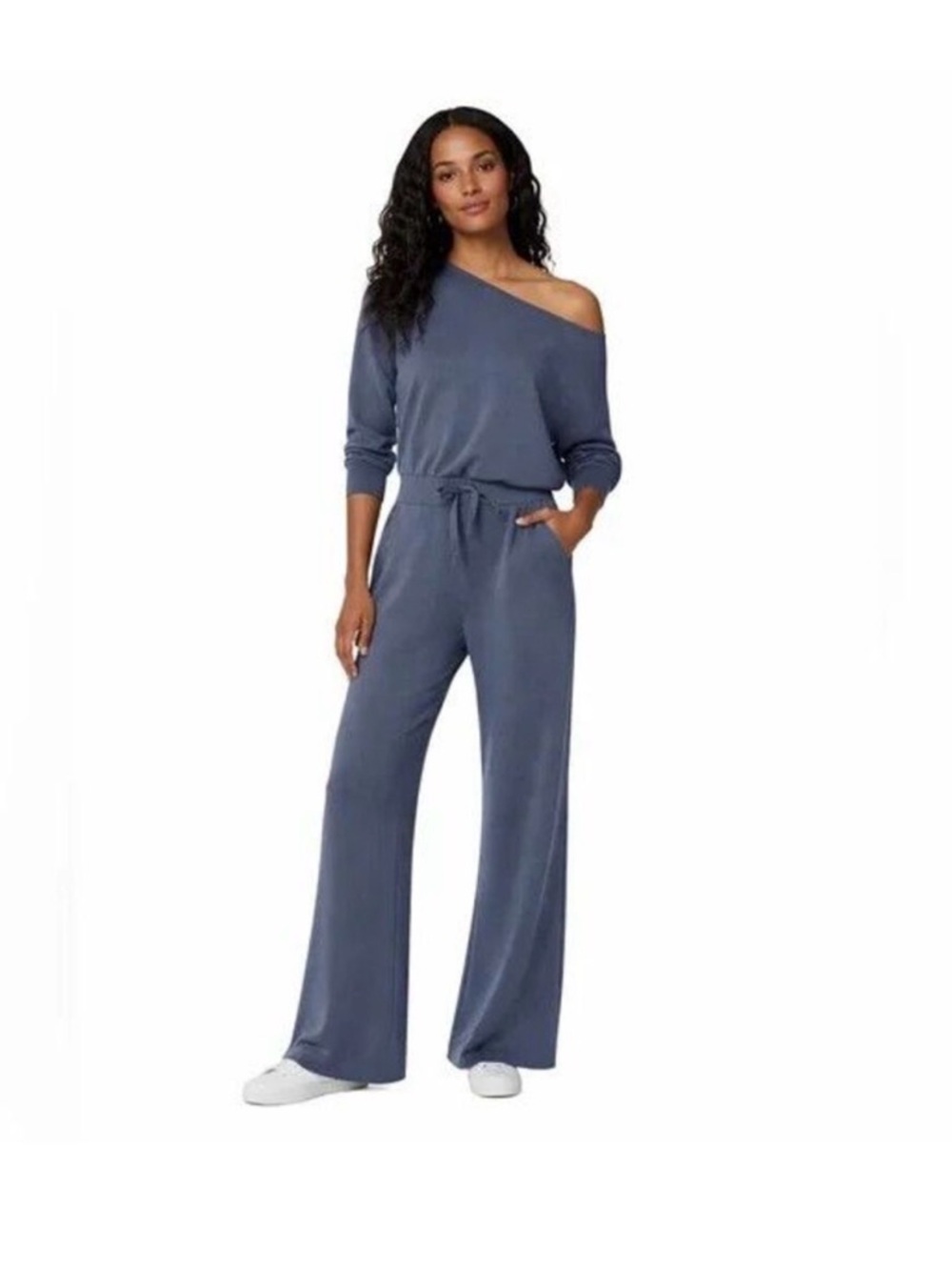 Spanx AirEssentials Off Shoulder Jumpsuit Large Petite Dark Storm Blue $168